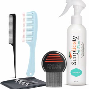 SIMPLICETY® Head Lice Full Kit, 8 Oz Lice Spray, Lice Comb, and 2 Detangling Combs, Hair Clips with Complimentary Disposable Cap (Unscented)