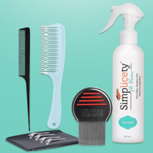 SIMPLICETY® Head Lice Full Kit, 8 Oz Lice Spray, Lice Comb, and 2 Detangling Combs, Hair Clips with Complimentary Disposable Cap and 14 Days Instructional Video Access (Unscented)