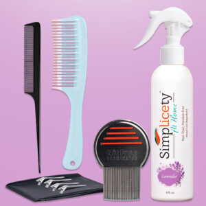 SIMPLICETY® Head Lice Full Kit, 8 Oz Lice Spray, Lice Comb, and 2 Detangling Combs, Hair Clips with Complimentary Disposable Cap and 14 Days Instructional Video Access (Lavender)