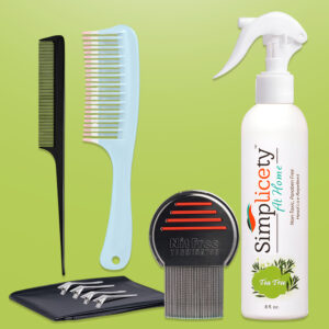 SIMPLICETY® Head Lice Full Kit, 8 Oz Lice Spray, Lice Comb, and 2 Detangling Combs, Hair Clips with Complimentary Disposable Cap and 14 Days Instructional Video Access (Tea Tree)